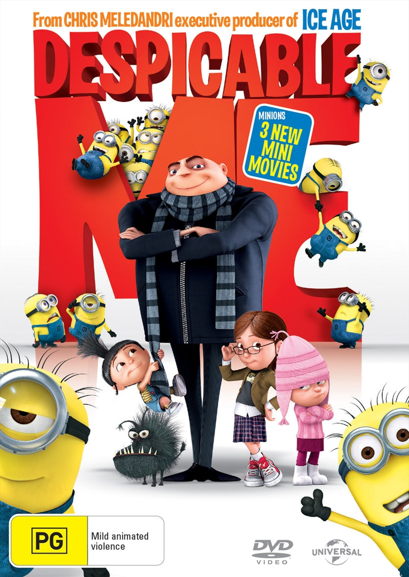 Despicable Me DVD cover featuring Gru and his minions in a colorful animated design.