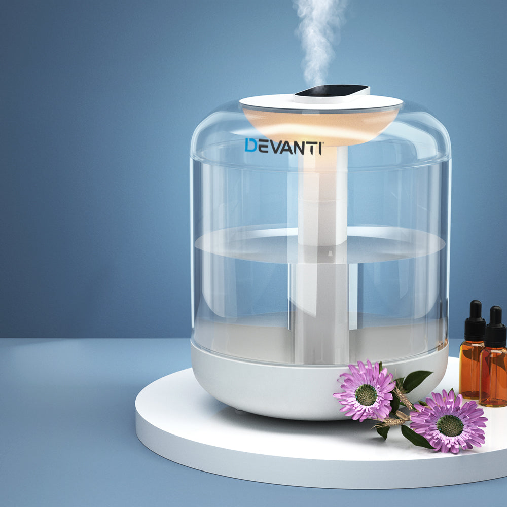 Devanti 1L Air Humidifier Ultrasonic Purifier Aroma Diffuser in white with a clear water tank and LED light.