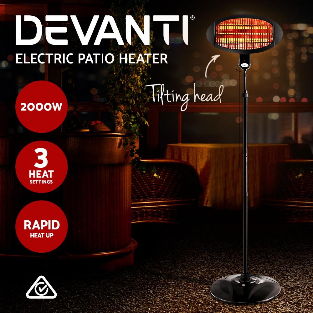 Devanti 2000W Electric Portable Patio Heater with halogen heating technology, adjustable height, and modern design for outdoor use.