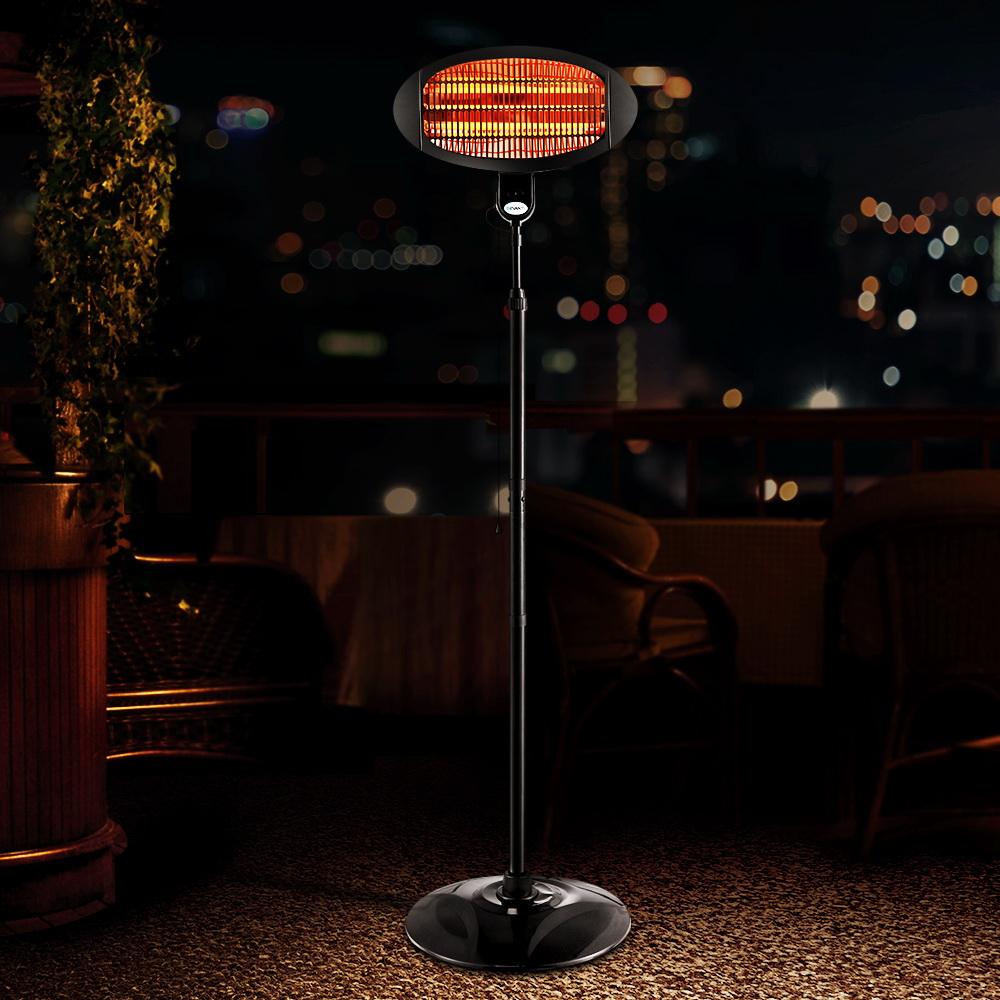 Devanti 2000W Electric Portable Patio Heater with halogen heating technology, adjustable height, and modern design for outdoor use.