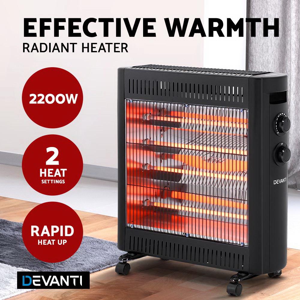 Devanti 2200W Infrared Radiant Heater in black, showcasing its sleek design and portable features.