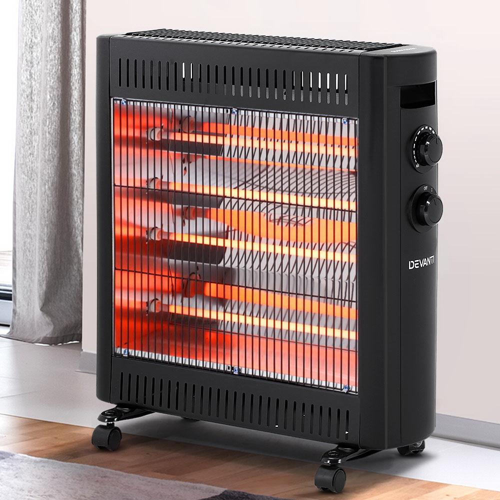 Devanti 2200W Infrared Radiant Heater in black, showcasing its sleek design and portable features.