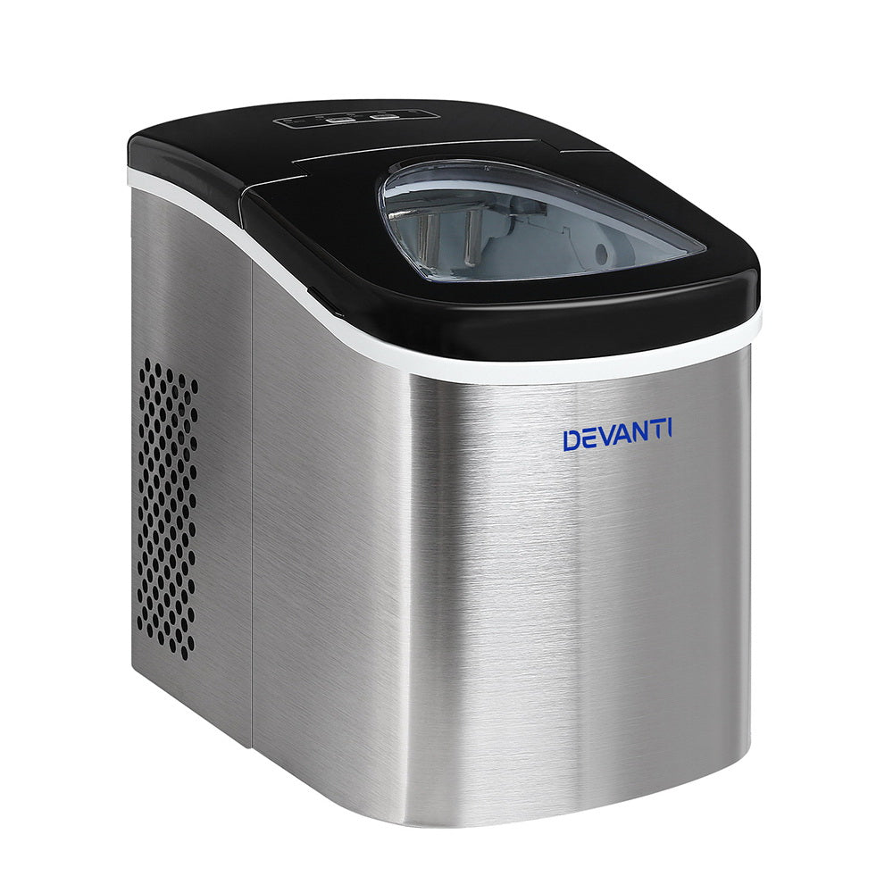 Devanti 2.4L Stainless Steel Portable Ice Cube Maker with LED control panel and inspection window.