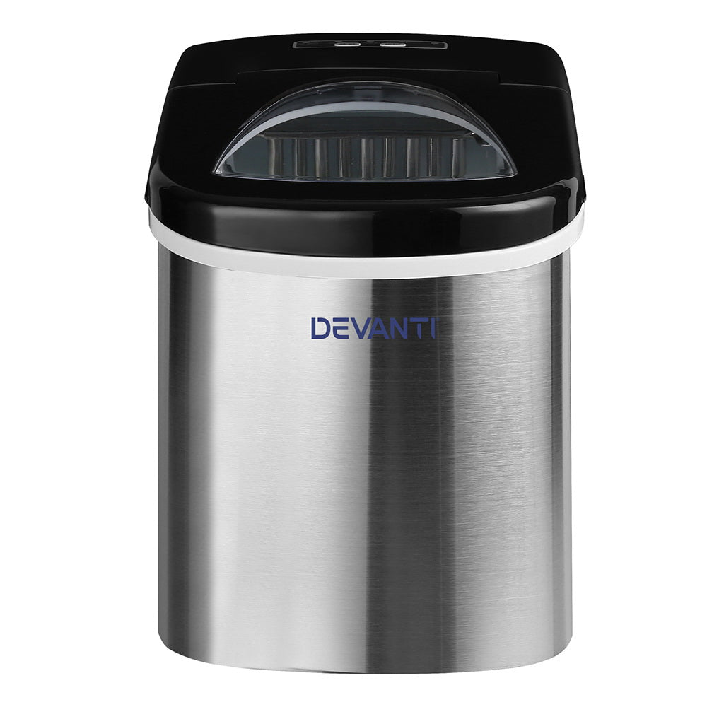 Devanti 2.4L Stainless Steel Portable Ice Cube Maker with LED control panel and inspection window.