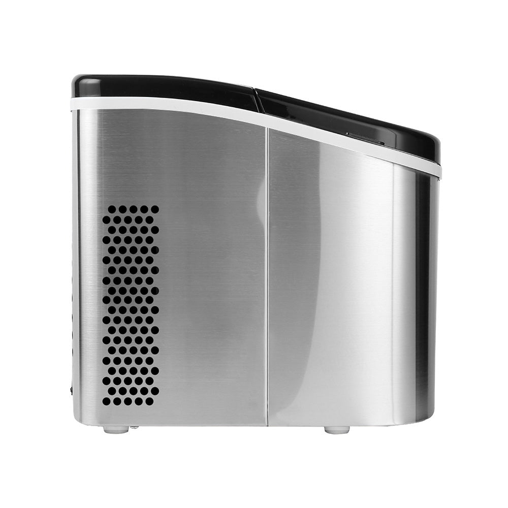 Devanti 2.4L Stainless Steel Portable Ice Cube Maker with LED control panel and inspection window.