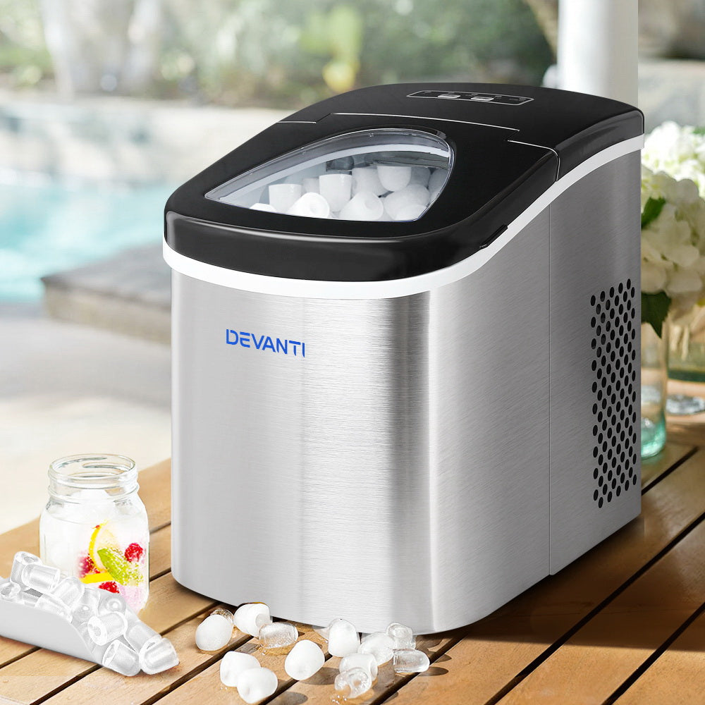 Devanti 2.4L Stainless Steel Portable Ice Cube Maker with LED control panel and inspection window.