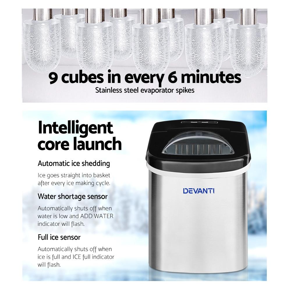 Devanti 2.4L Stainless Steel Portable Ice Cube Maker with LED control panel and inspection window.