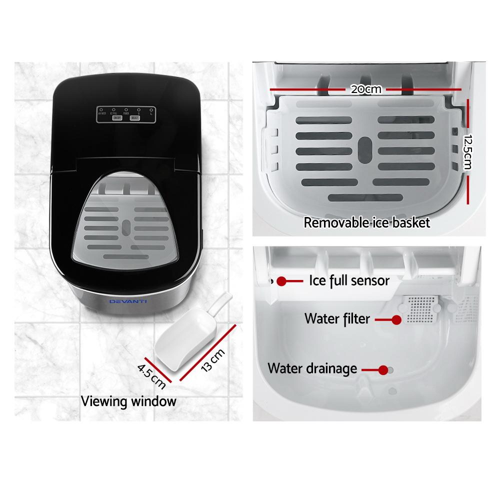 Devanti 2.4L Stainless Steel Portable Ice Cube Maker with LED control panel and inspection window.