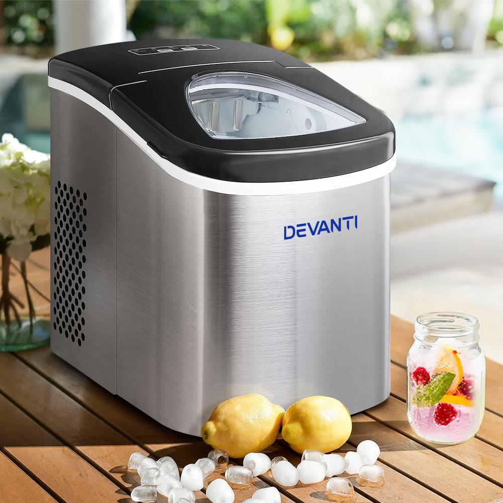 Devanti 2.4L Stainless Steel Portable Ice Cube Maker with LED control panel and inspection window.