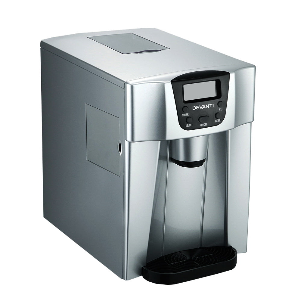 Devanti 2L Portable Ice Cuber Maker & Water Dispenser in silver, showcasing its sleek design and LCD display.