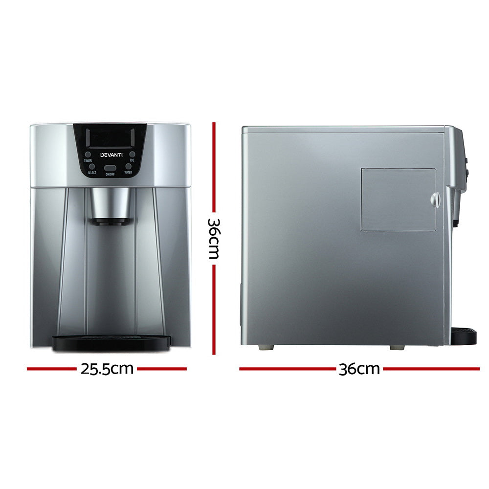 Devanti 2L Portable Ice Cuber Maker & Water Dispenser in silver, showcasing its sleek design and LCD display.