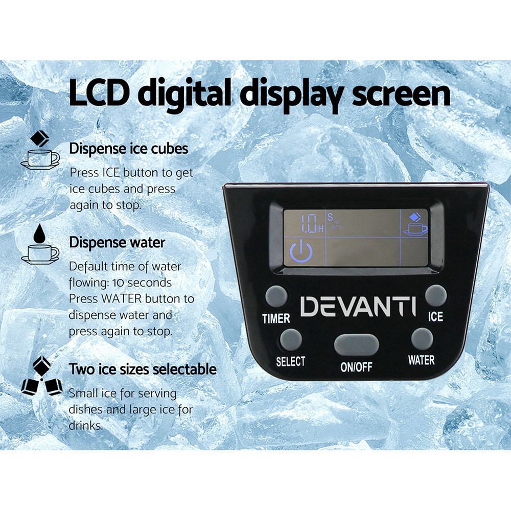 Devanti 2L Portable Ice Cuber Maker & Water Dispenser in silver, showcasing its sleek design and LCD display.