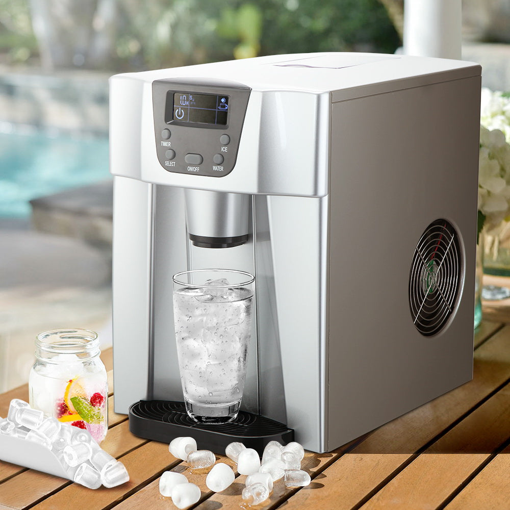 Devanti 2L Portable Ice Cuber Maker & Water Dispenser in silver, showcasing its sleek design and LCD display.