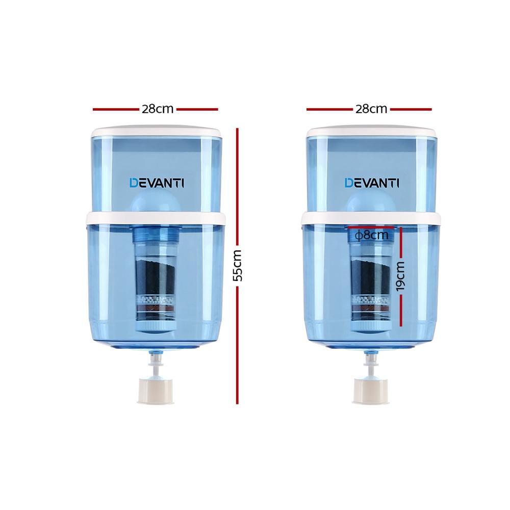 Devanti 22L Water Cooler Dispenser with a 6-stage filtration system, showcasing its blue food-grade plastic design and removable lid.