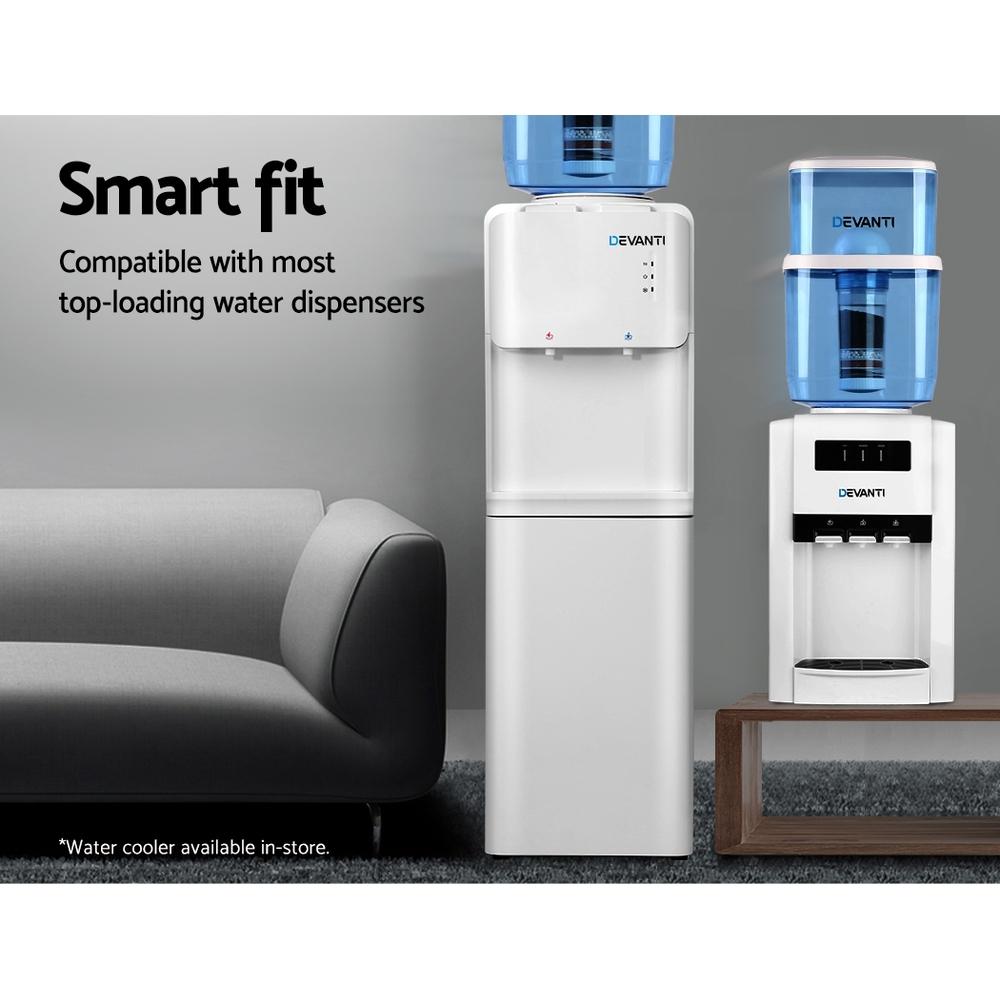 Devanti 22L Water Cooler Dispenser with a 6-stage filtration system, showcasing its blue food-grade plastic design and removable lid.