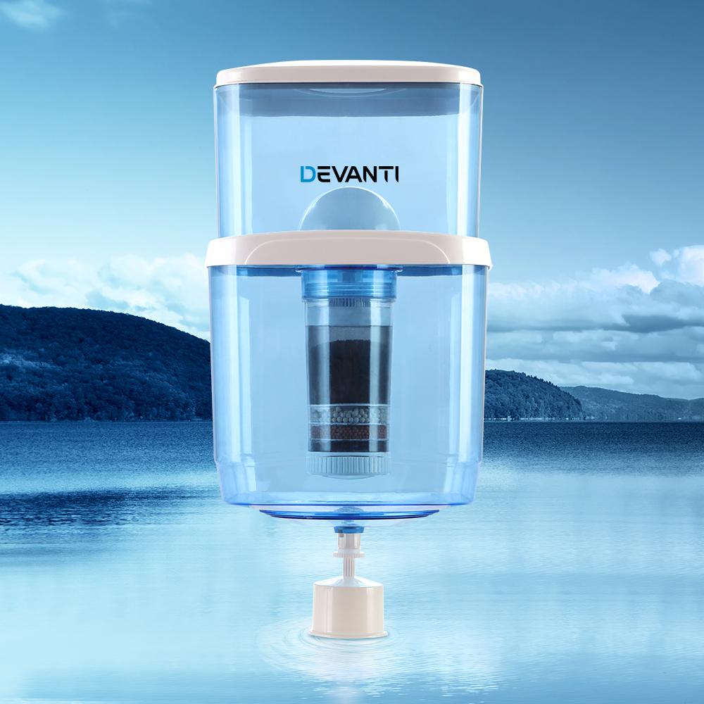 Devanti 22L Water Cooler Dispenser with a 6-stage filtration system, showcasing its blue food-grade plastic design and removable lid.