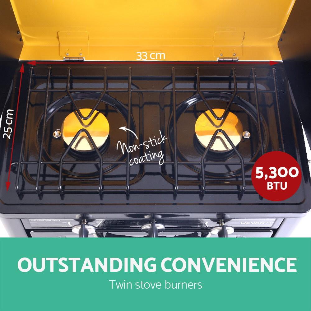 Devanti 3 Burner Portable Oven in black and yellow, showcasing its sleek design and features for outdoor cooking.