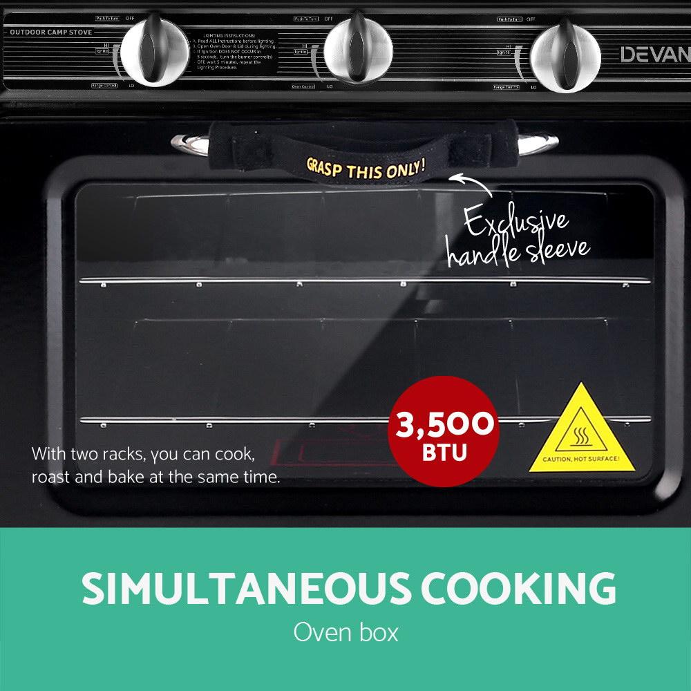 Devanti 3 Burner Portable Oven in black and yellow, showcasing its sleek design and features for outdoor cooking.