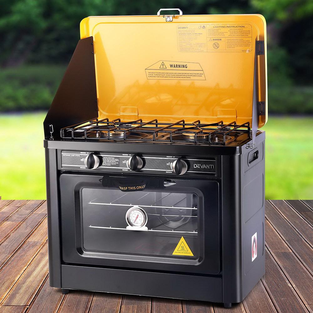 Devanti 3 Burner Portable Oven in black and yellow, showcasing its sleek design and features for outdoor cooking.