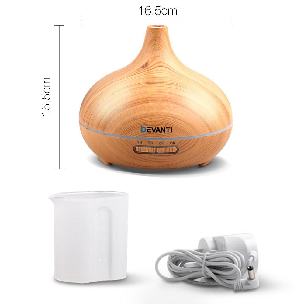 Devanti 300ml 4-in-1 Aroma Diffuser in light wood finish, showcasing its elegant design and LED light features.