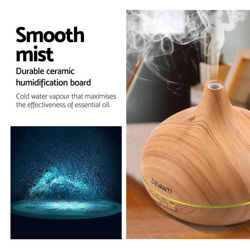 Devanti 300ml 4-in-1 Aroma Diffuser in light wood finish, showcasing its elegant design and LED light features.