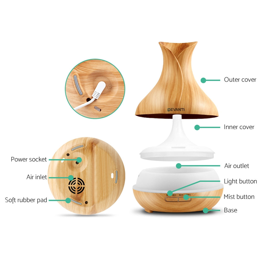 Devanti 400ml 4-in-1 Aroma Diffuser in light wood finish, showcasing its elegant design and remote control feature.