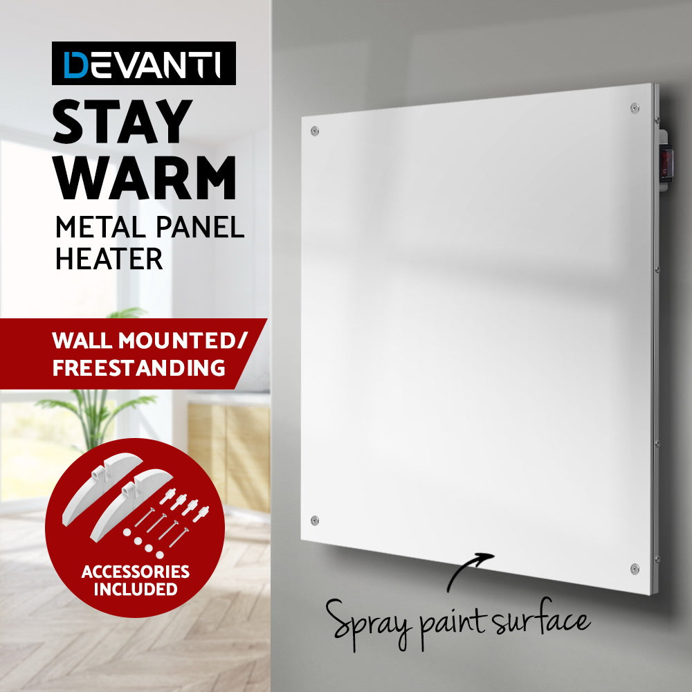 Devanti 450W Metal Wall Heater in a sleek white design, showcasing its slimline profile and portable features, ideal for small spaces.