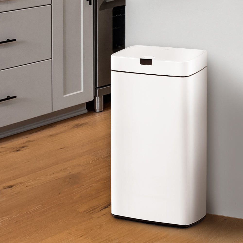 Devanti 45L Sensor Bin in white, showcasing its sleek design and motion sensor feature for hands-free waste disposal.