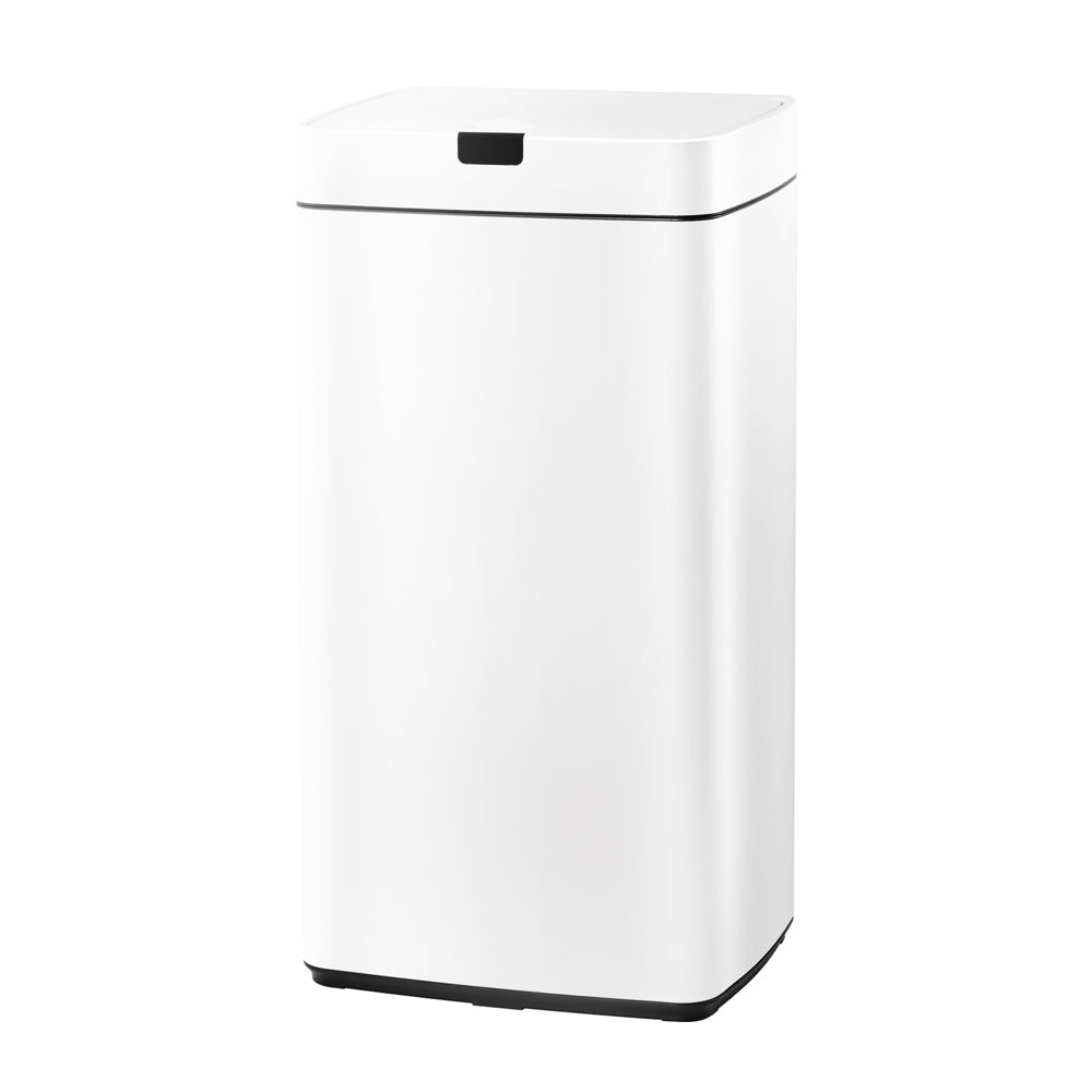 Devanti 45L Sensor Bin in white, showcasing its sleek design and motion sensor feature for hands-free waste disposal.