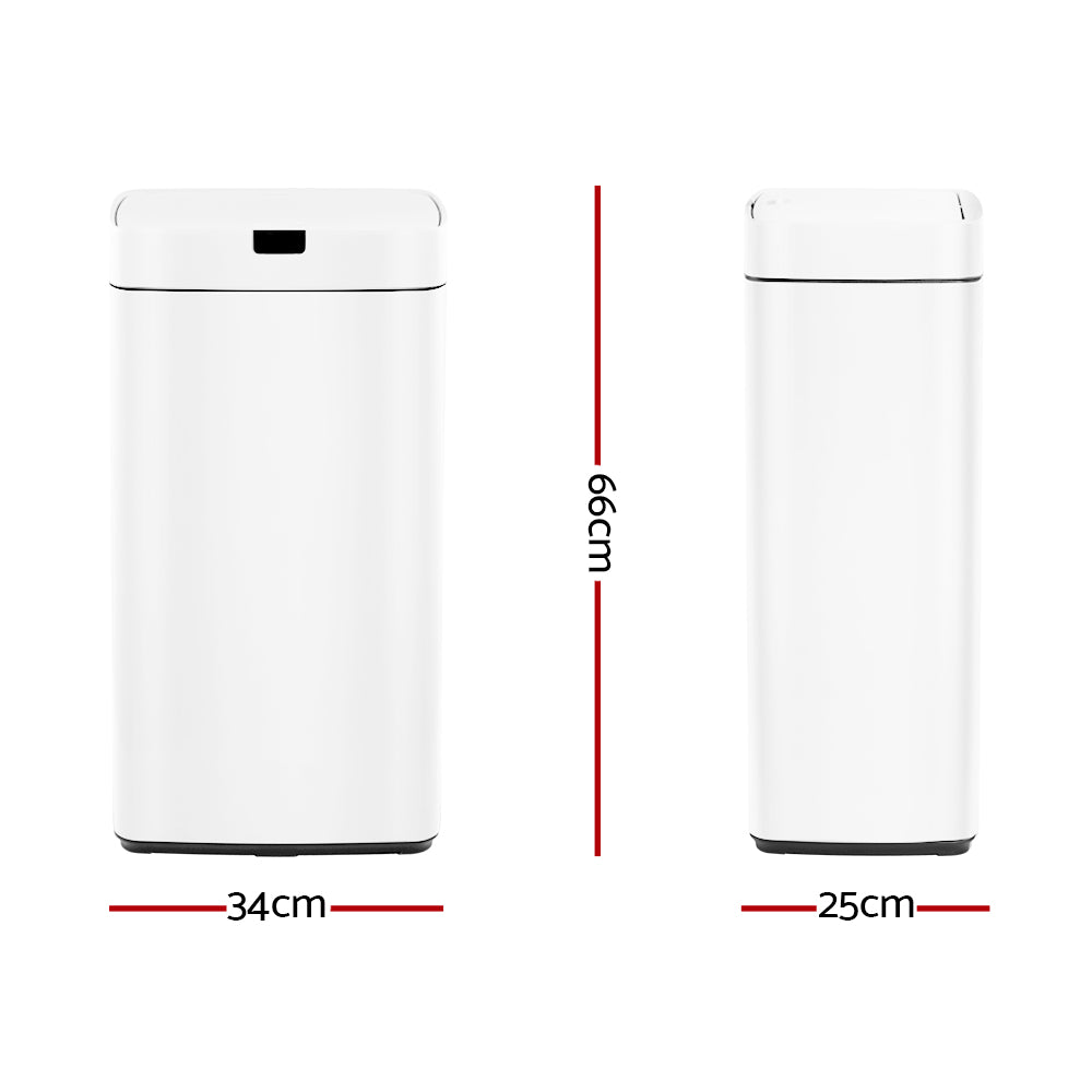 Devanti 45L Sensor Bin in white, showcasing its sleek design and motion sensor feature for hands-free waste disposal.