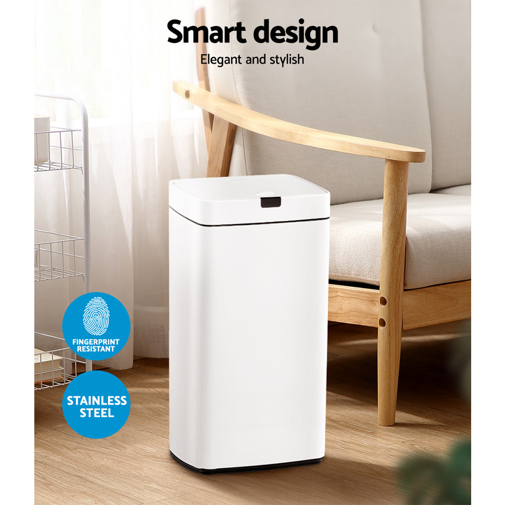 Devanti 45L Sensor Bin in white, showcasing its sleek design and motion sensor feature for hands-free waste disposal.