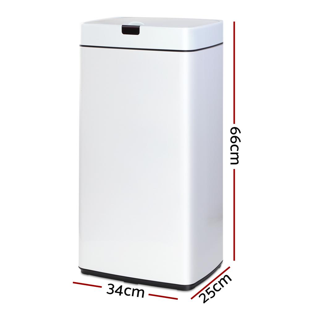 Devanti 45L Sensor Bin in white, featuring a motion sensor lid and fingerprint-resistant steel body, ideal for hands-free waste disposal.