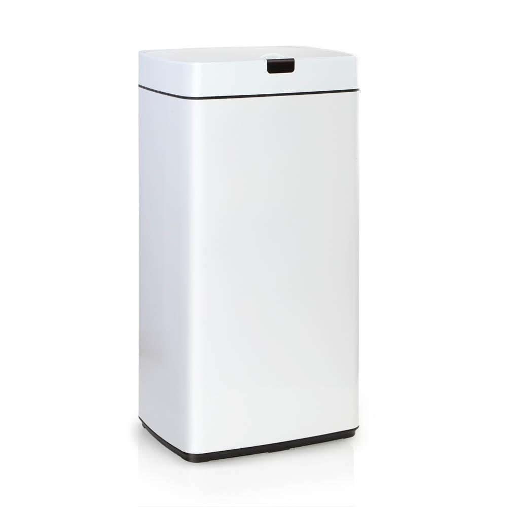 Devanti 45L Sensor Bin in white, featuring a motion sensor lid and fingerprint-resistant steel body, ideal for hands-free waste disposal.