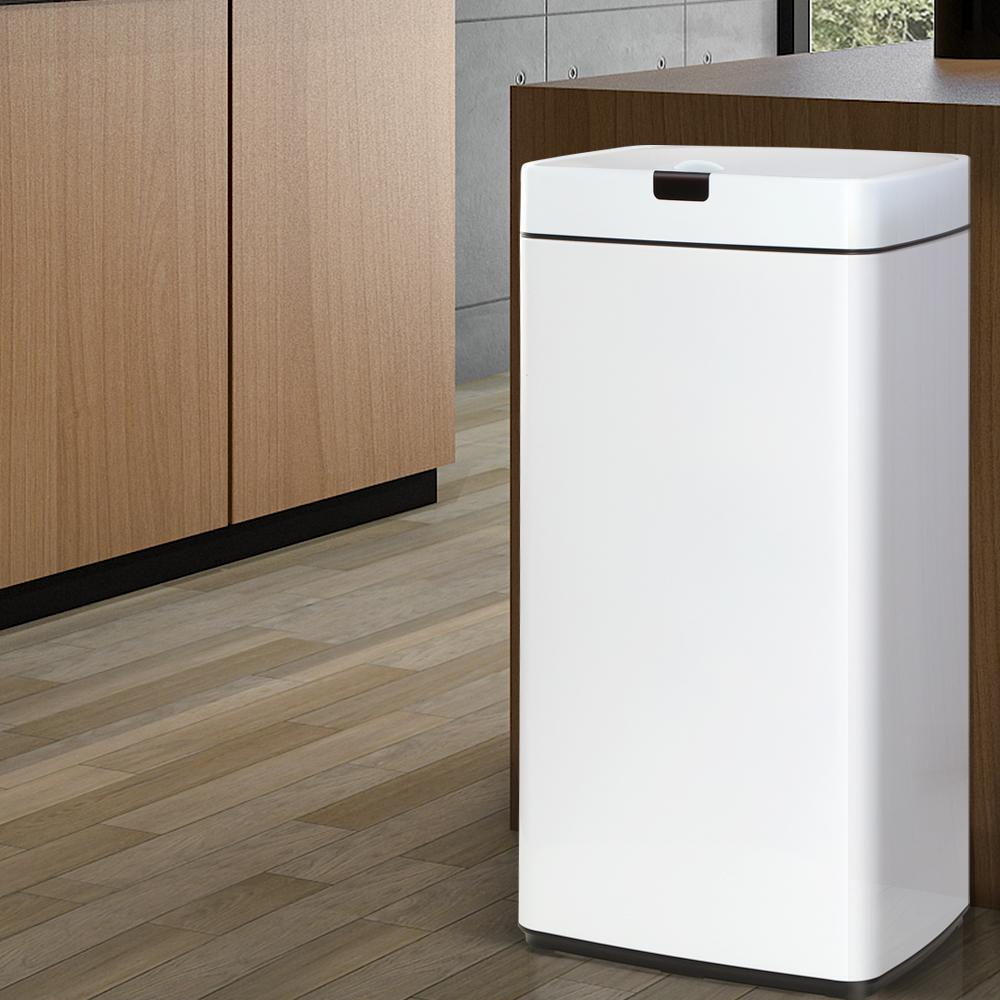 Devanti 45L Sensor Bin in white, featuring a motion sensor lid and fingerprint-resistant steel body, ideal for hands-free waste disposal.