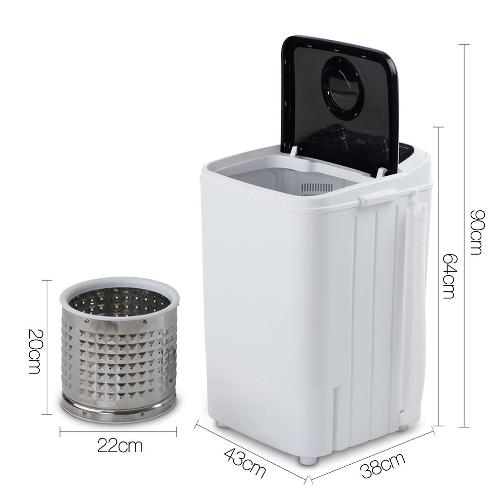 Devanti 4.6KG Mini Portable Washing Machine in black, showcasing its compact design and built-in handle for easy transport.