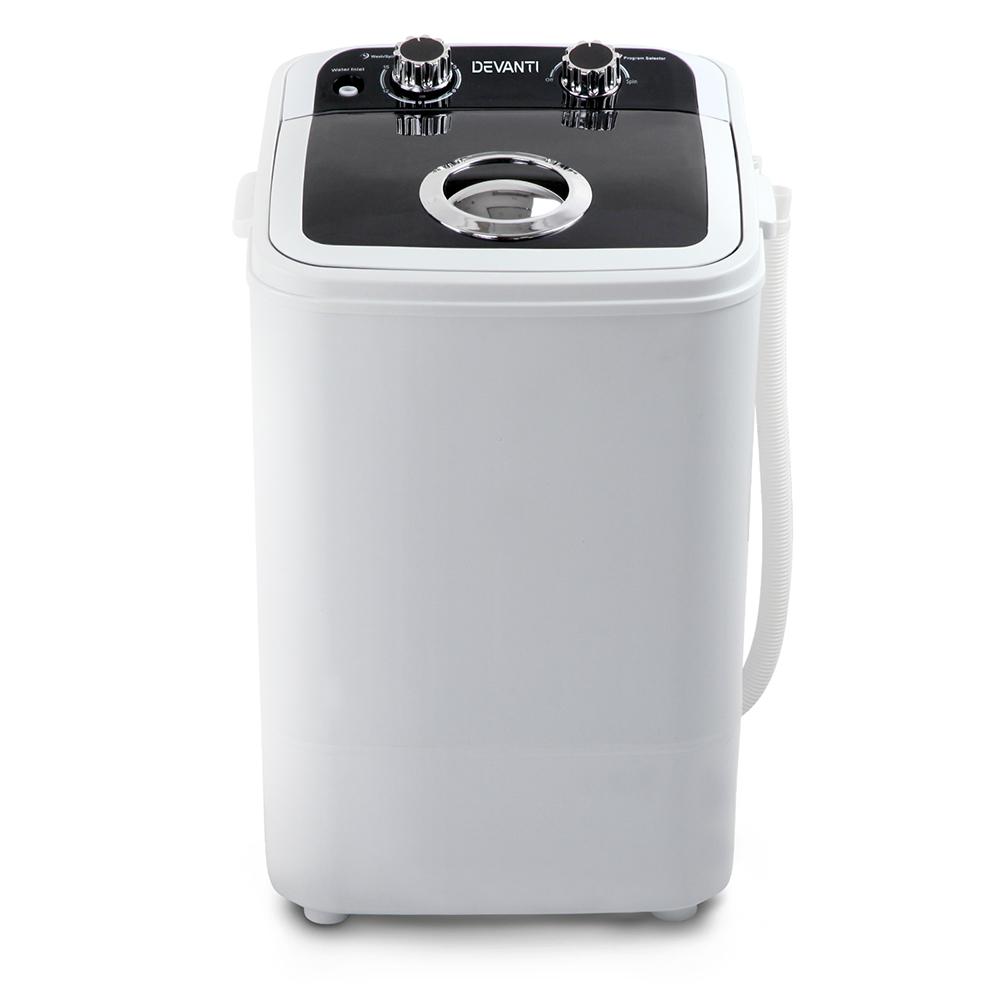 Devanti 4.6KG Mini Portable Washing Machine in black, showcasing its compact design and built-in handle for easy transport.