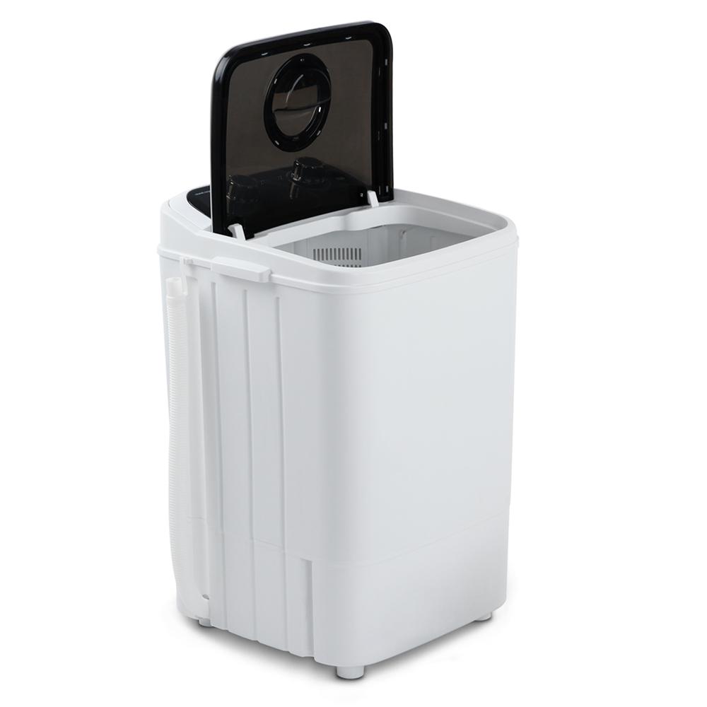 Devanti 4.6KG Mini Portable Washing Machine in black, showcasing its compact design and built-in handle for easy transport.