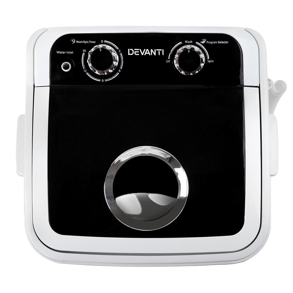 Devanti 4.6KG Mini Portable Washing Machine in black, showcasing its compact design and built-in handle for easy transport.