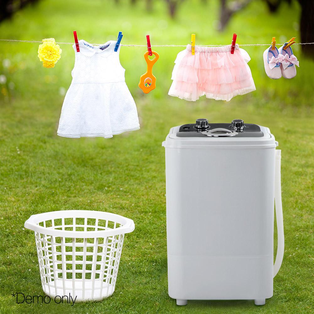 Devanti 4.6KG Mini Portable Washing Machine in black, showcasing its compact design and built-in handle for easy transport.