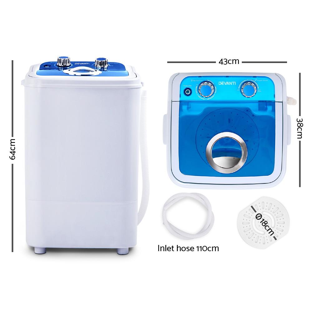 Devanti 4.6KG Mini Portable Washing Machine in blue and white, showcasing its compact design and user-friendly controls.