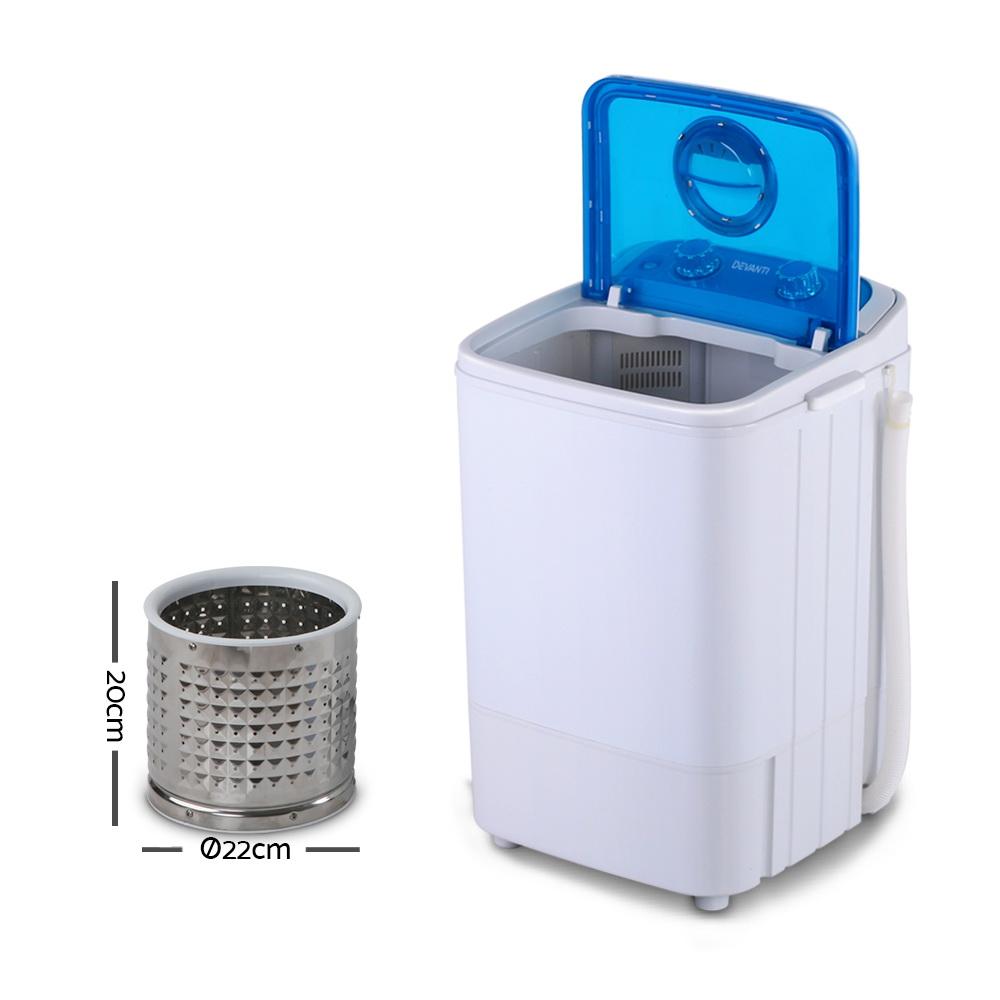 Devanti 4.6KG Mini Portable Washing Machine in blue and white, showcasing its compact design and user-friendly controls.