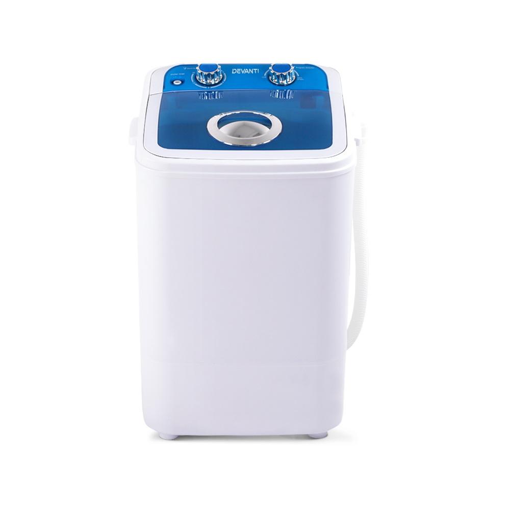 Devanti 4.6KG Mini Portable Washing Machine in blue and white, showcasing its compact design and user-friendly controls.