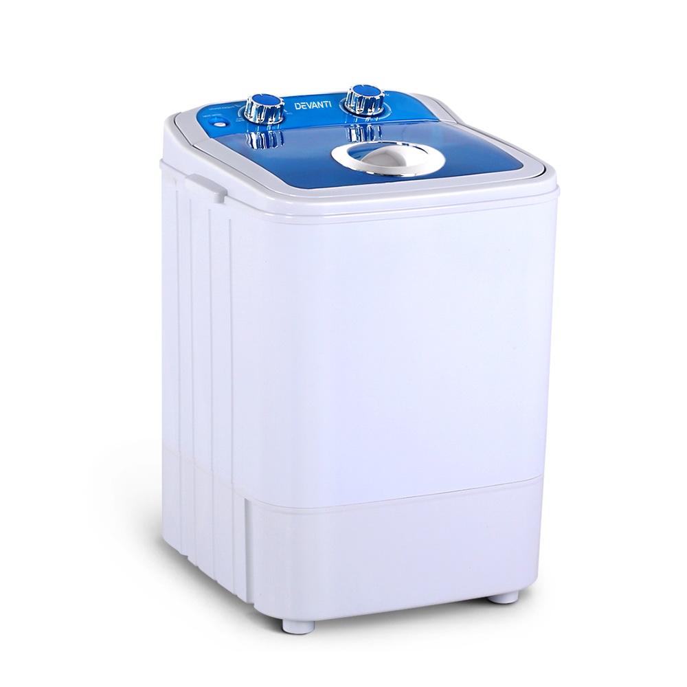 Devanti 4.6KG Mini Portable Washing Machine in blue and white, showcasing its compact design and user-friendly controls.