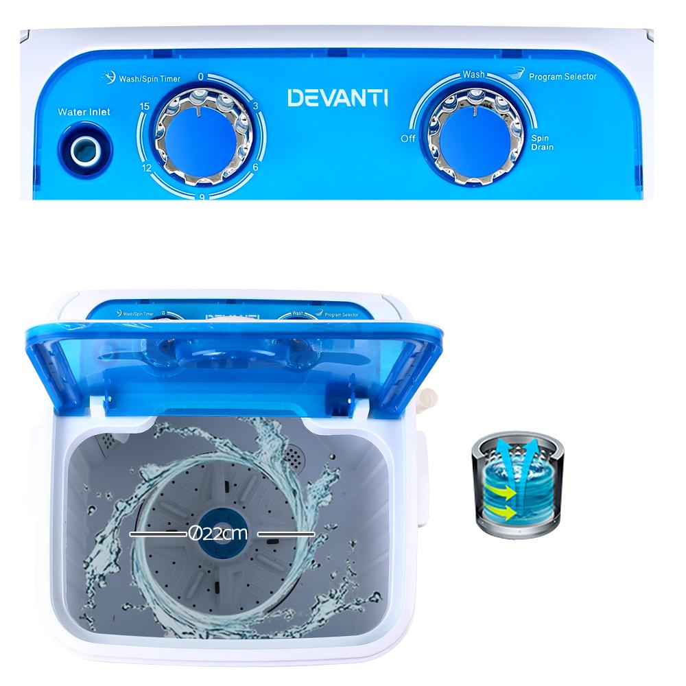 Devanti 4.6KG Mini Portable Washing Machine in blue and white, showcasing its compact design and user-friendly controls.