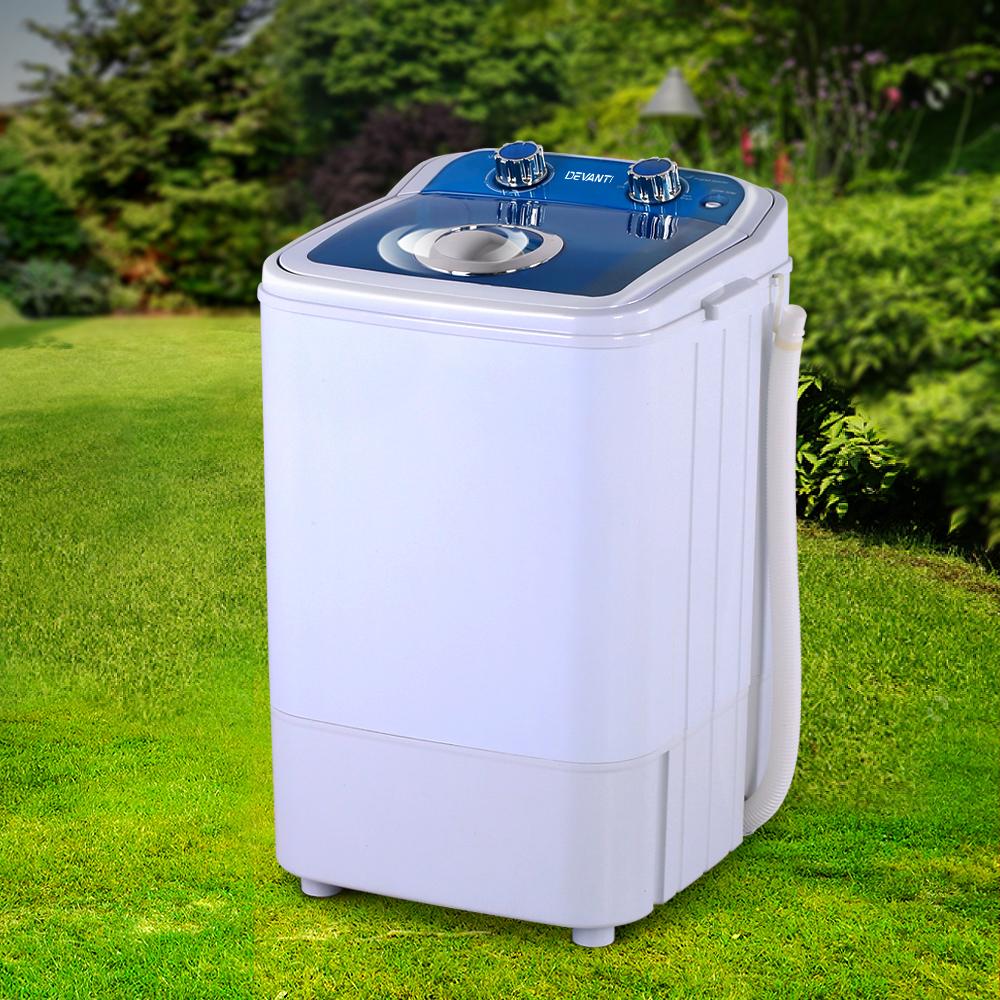 Devanti 4.6KG Mini Portable Washing Machine in blue and white, showcasing its compact design and user-friendly controls.