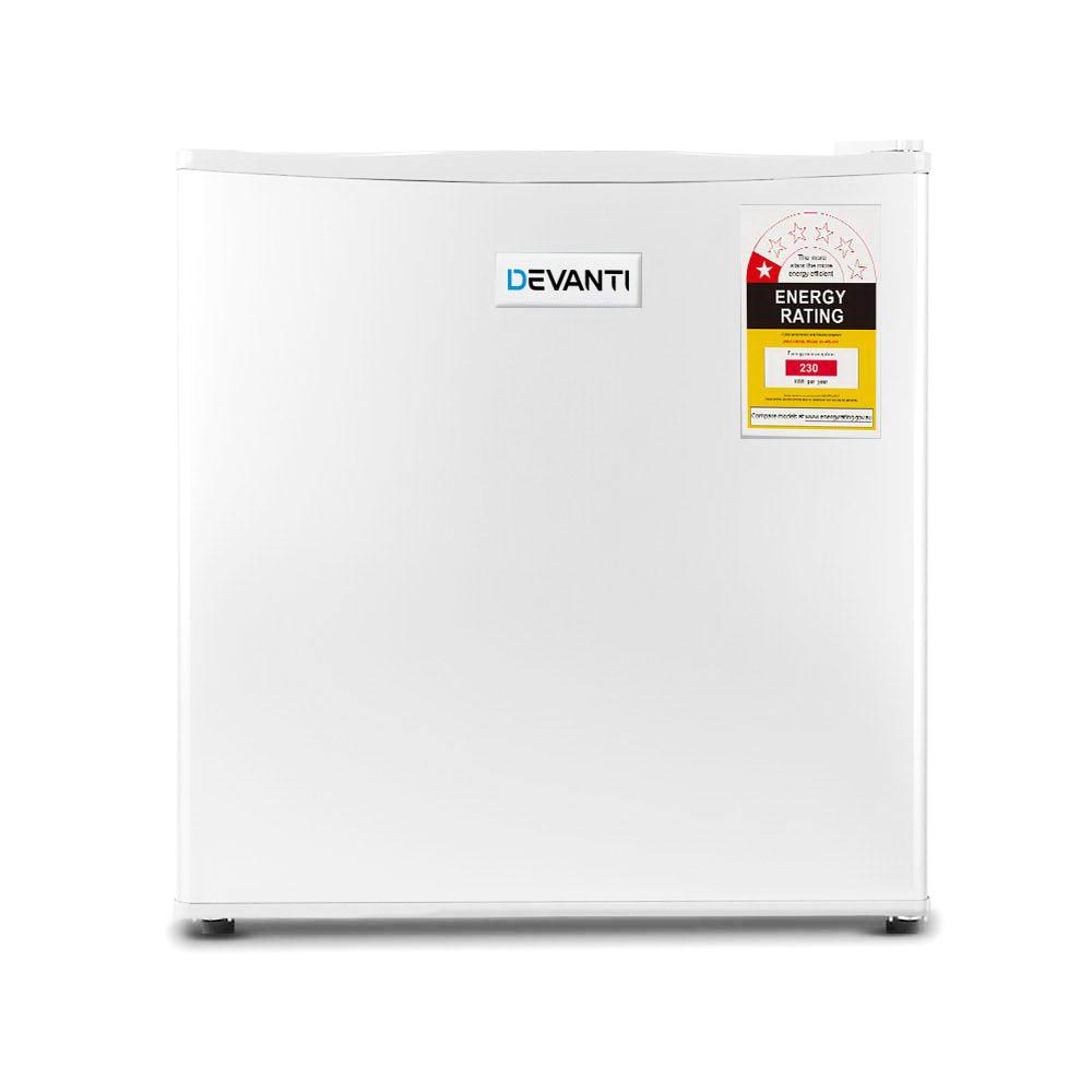 Devanti 48L Portable Mini Bar Fridge in white, showcasing its compact design and adjustable temperature settings.