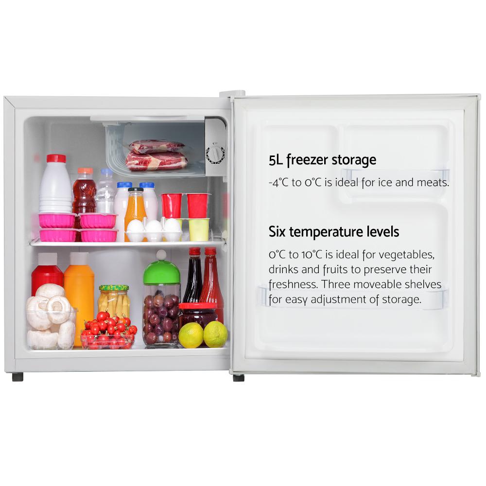 Devanti 48L Portable Mini Bar Fridge in white, showcasing its compact design and adjustable temperature settings.