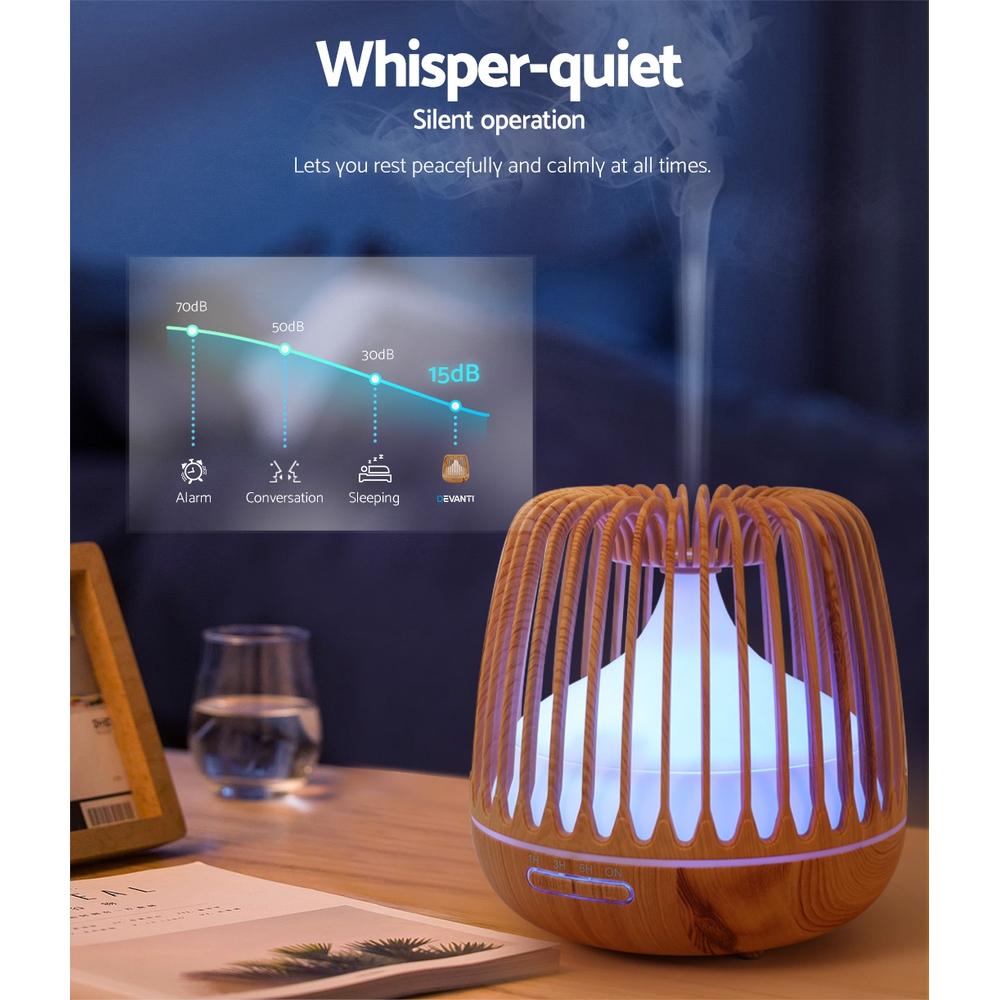 Devanti 4-In-1 Aroma Diffuser with wood grain design, showcasing its ultrasonic mist and LED night light features.