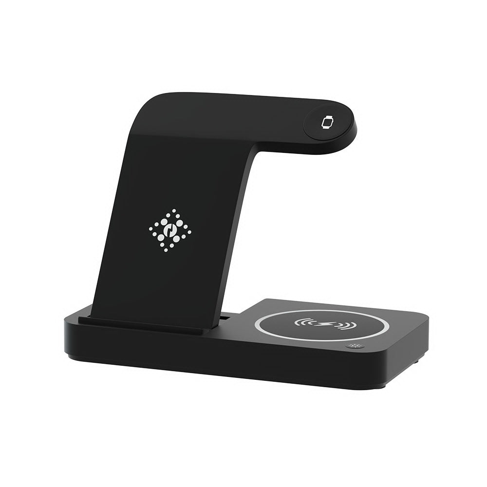 Devanti 4-in-1 Wireless Charger Station in black, designed for fast charging multiple devices including smartphones, iWatches, and AirPods.