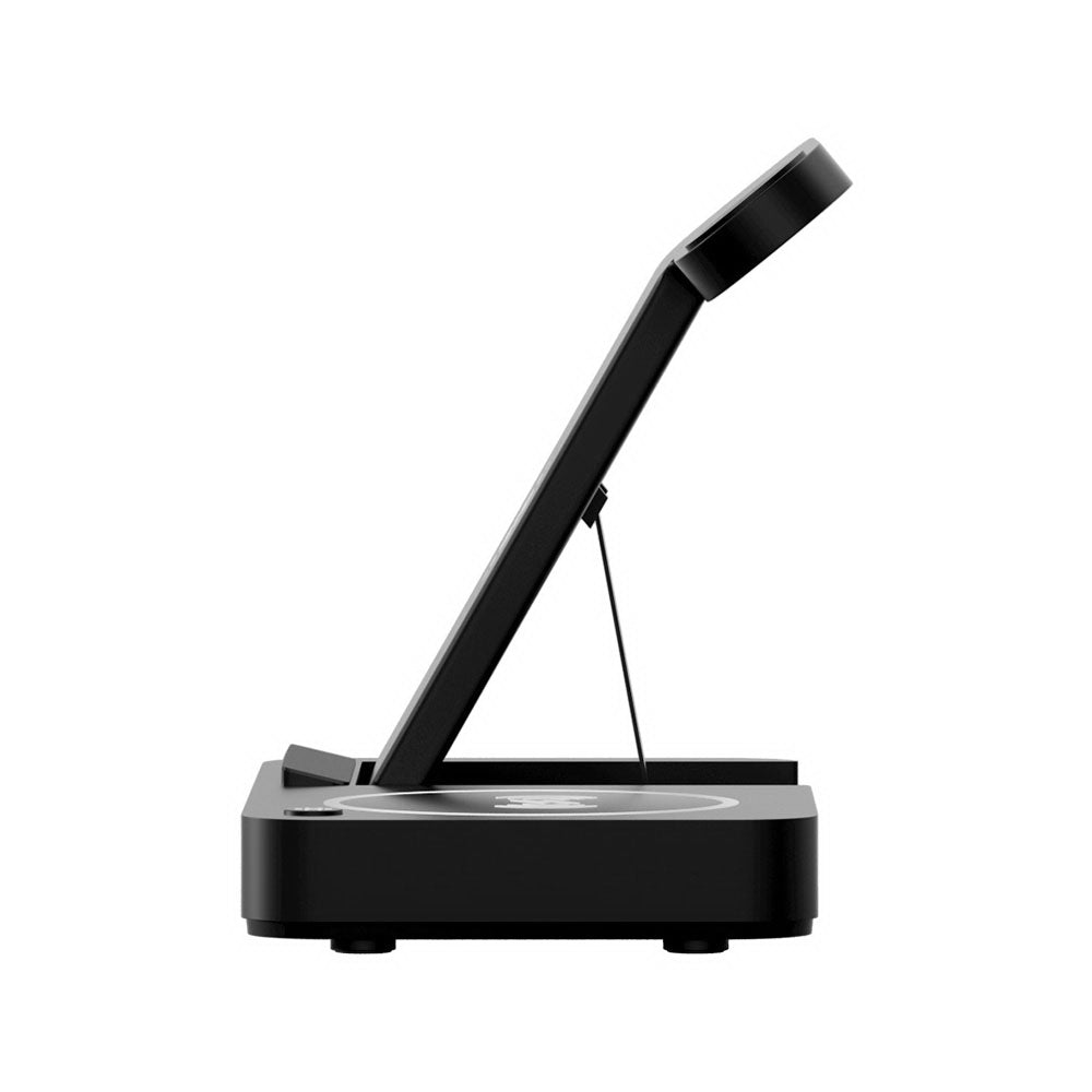 Devanti 4-in-1 Wireless Charger Station in black, designed for fast charging multiple devices including smartphones, iWatches, and AirPods.